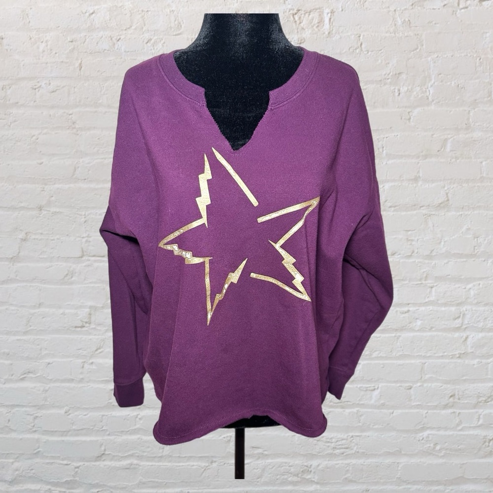 Torrid Plum Raw V Neck Long Sleeve Sweatshirt w/ Gold Graphic Star Size Plus 0